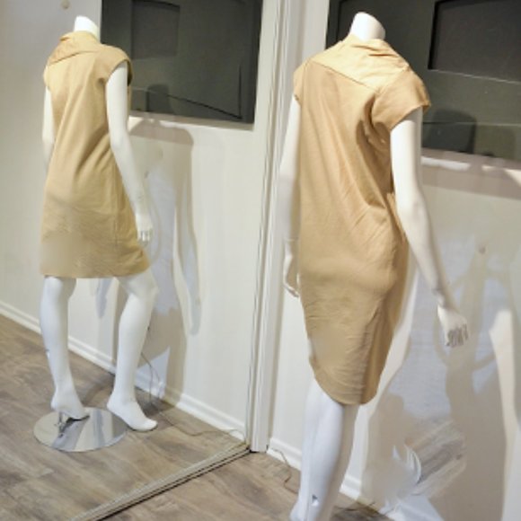 Vintage Tan Twill Asymmetric Pleat Sheath Dress - Picture 5 of 7